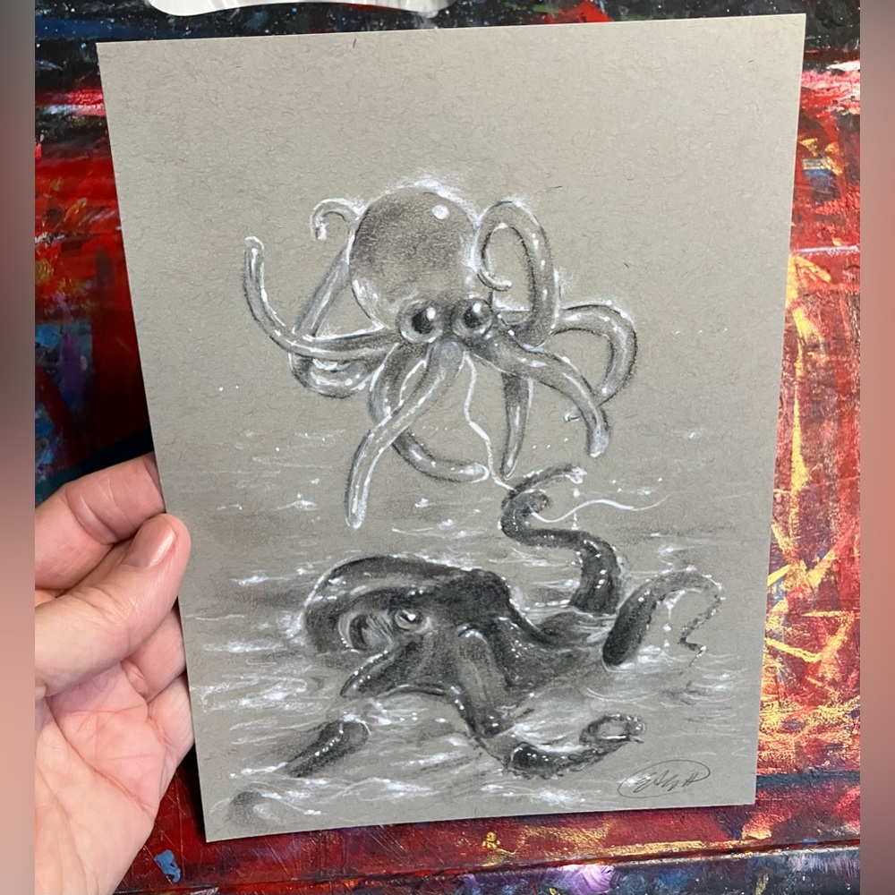 Original Octopus painting Charcoal Pastel art ocean squid surrealism Artettina